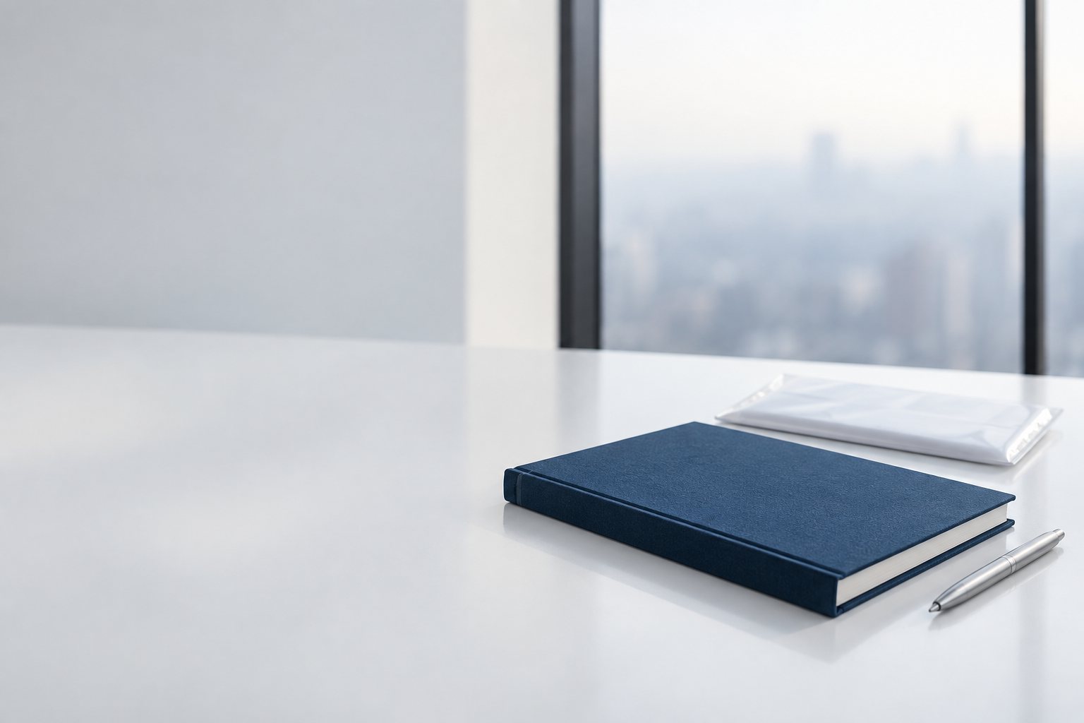A corner office in Kuala Lumpur at seven in the morning, a single navy case file on the desk and the skyline in soft haze beyond the glass