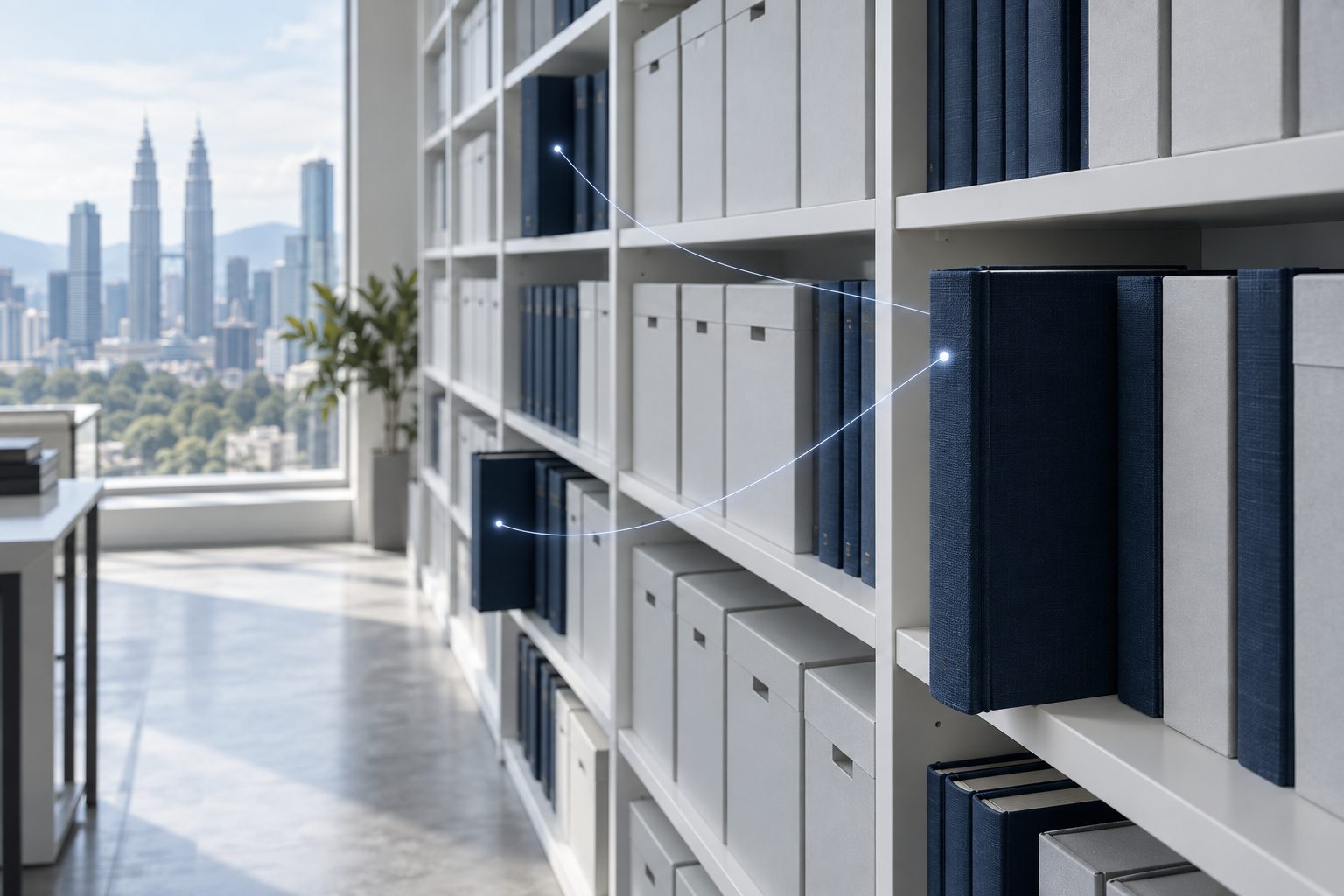 Navy and grey legal files on white archive shelving, three of them drawn forward and joined by fine threads of light